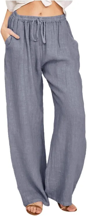Linen Wide Leg Pants Woman Summer High Waisted Beach Pants Casual Trousers Drawstring Lounge Pants with Pockets