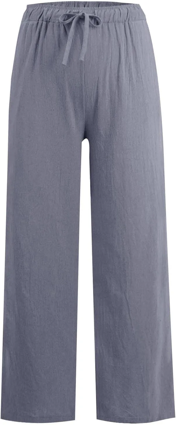 Linen Wide Leg Pants Woman Summer High Waisted Beach Pants Casual Trousers Drawstring Lounge Pants with Pockets