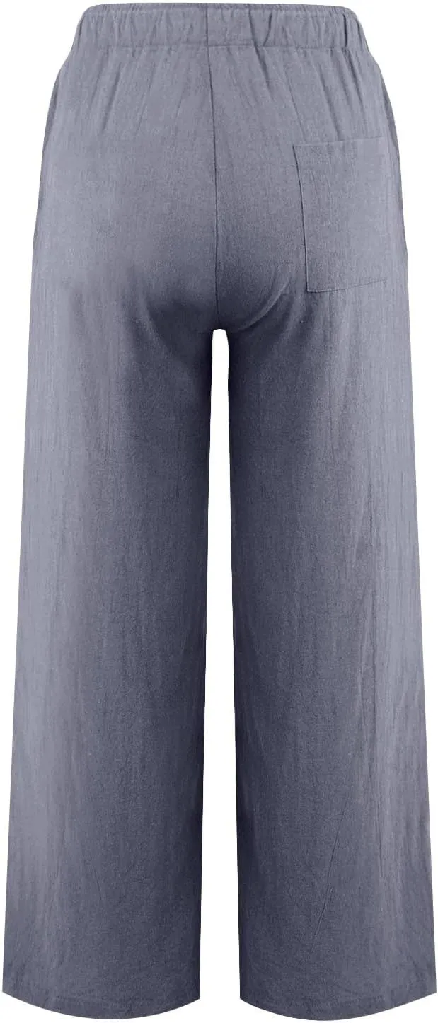 Linen Wide Leg Pants Woman Summer High Waisted Beach Pants Casual Trousers Drawstring Lounge Pants with Pockets
