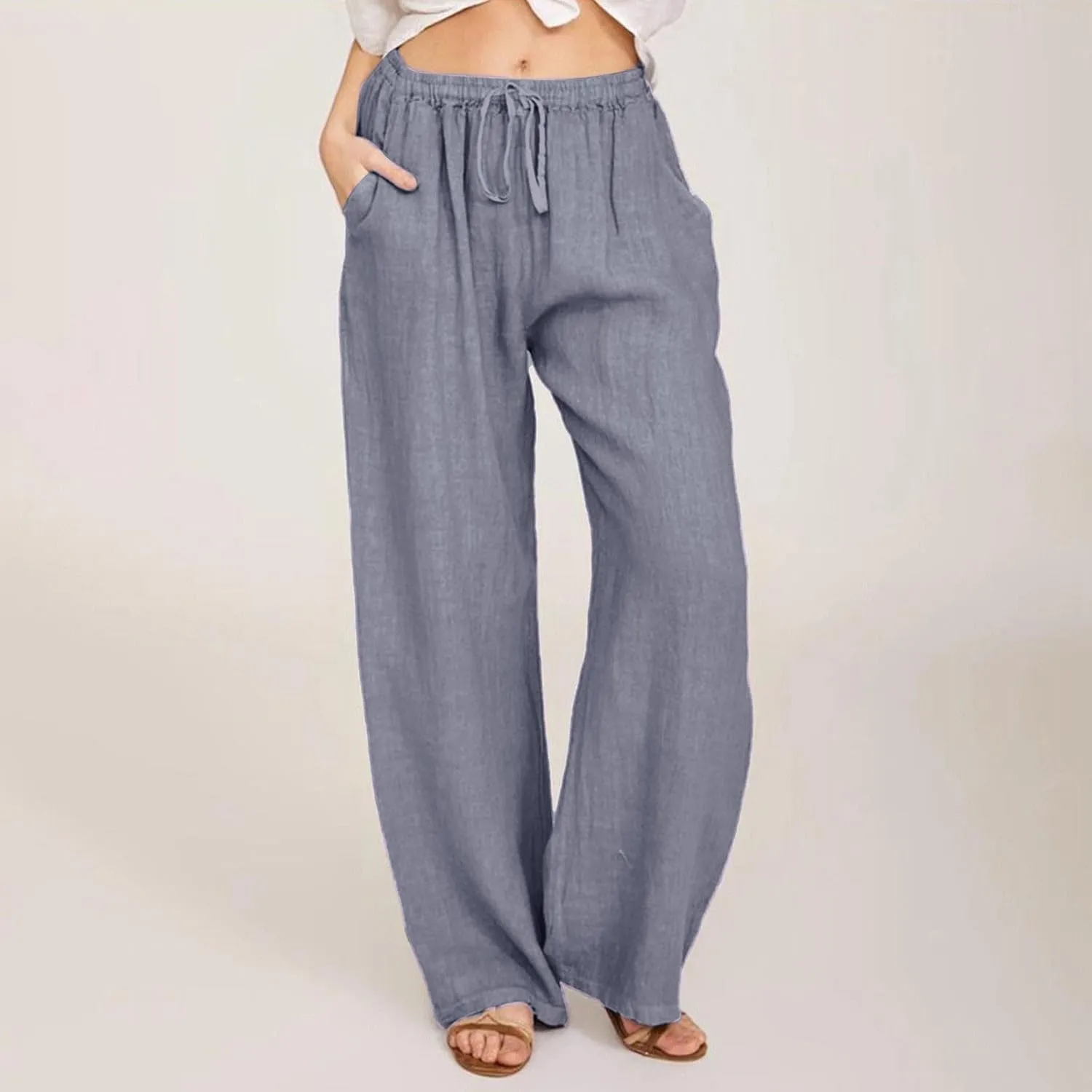 Linen Wide Leg Pants Woman Summer High Waisted Beach Pants Casual Trousers Drawstring Lounge Pants with Pockets