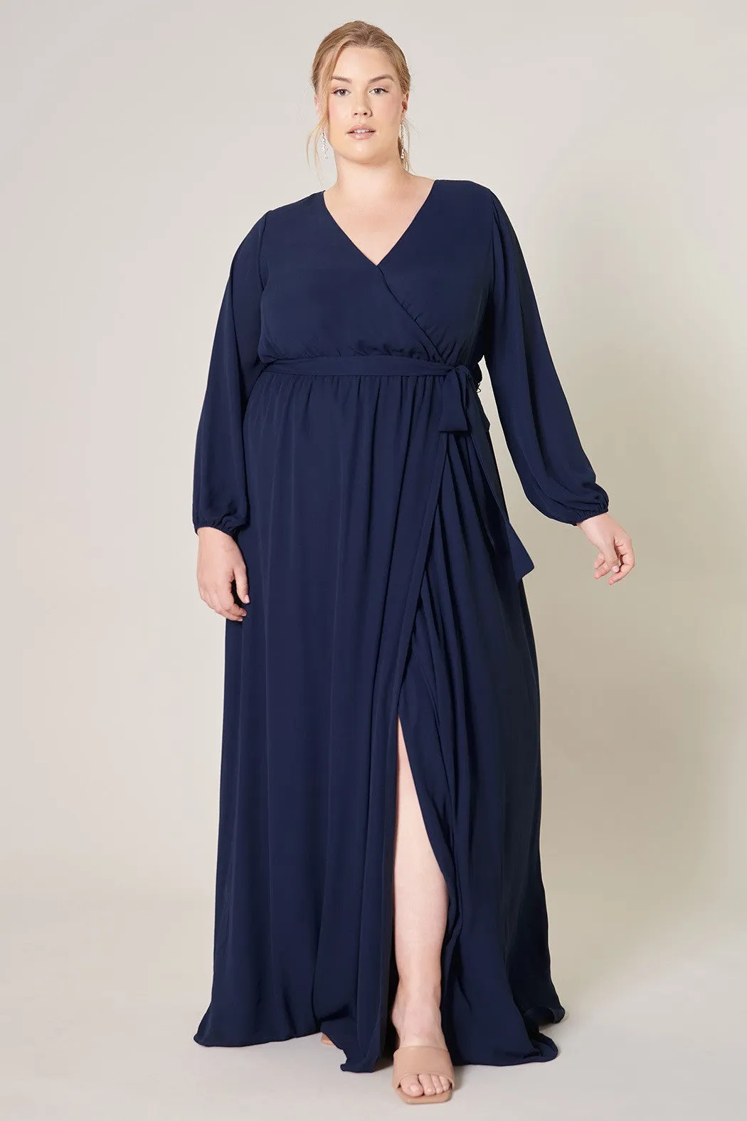 Long Balloon Sleeve Chiffon Gown in Navy