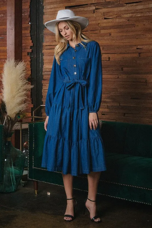 Long Sleeve Tiered Denim Midi Dress