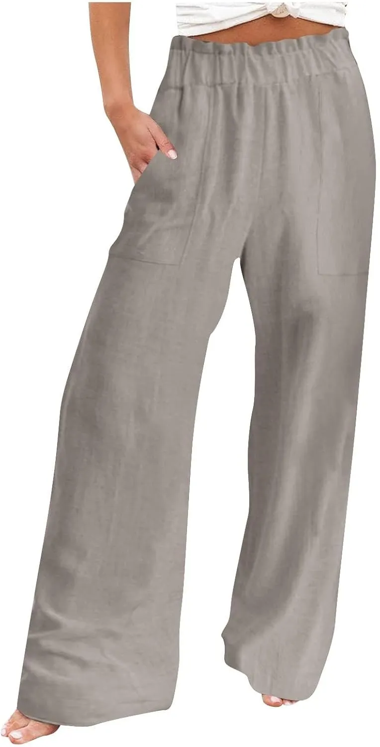 Long Yoga Pants for Women Casual Wide Leg Palazzo Cotton Linen High Waisted Long Pants Smocked Lounge Trousers