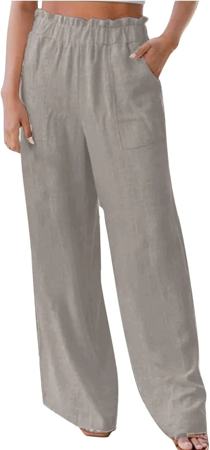 Long Yoga Pants for Women Casual Wide Leg Palazzo Cotton Linen High Waisted Long Pants Smocked Lounge Trousers