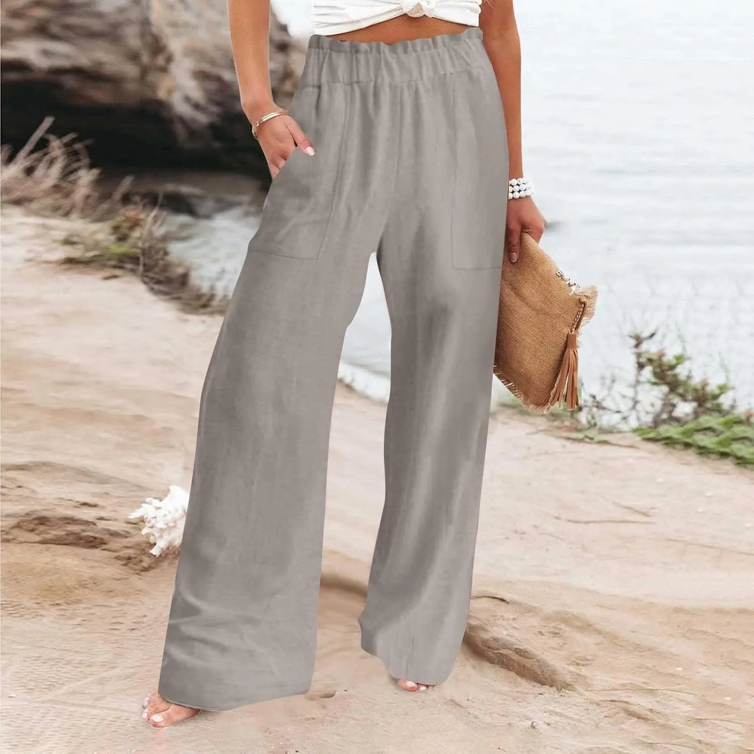 Long Yoga Pants for Women Casual Wide Leg Palazzo Cotton Linen High Waisted Long Pants Smocked Lounge Trousers
