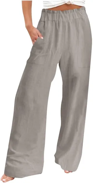 Long Yoga Pants for Women Casual Wide Leg Palazzo Cotton Linen High Waisted Long Pants Smocked Lounge Trousers