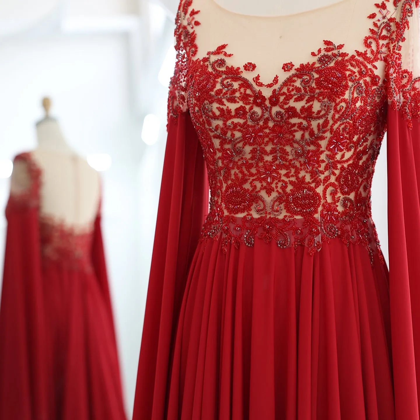 Luxury Beaded Red Chiffon Evening Dress with Cape Sleeve SS298