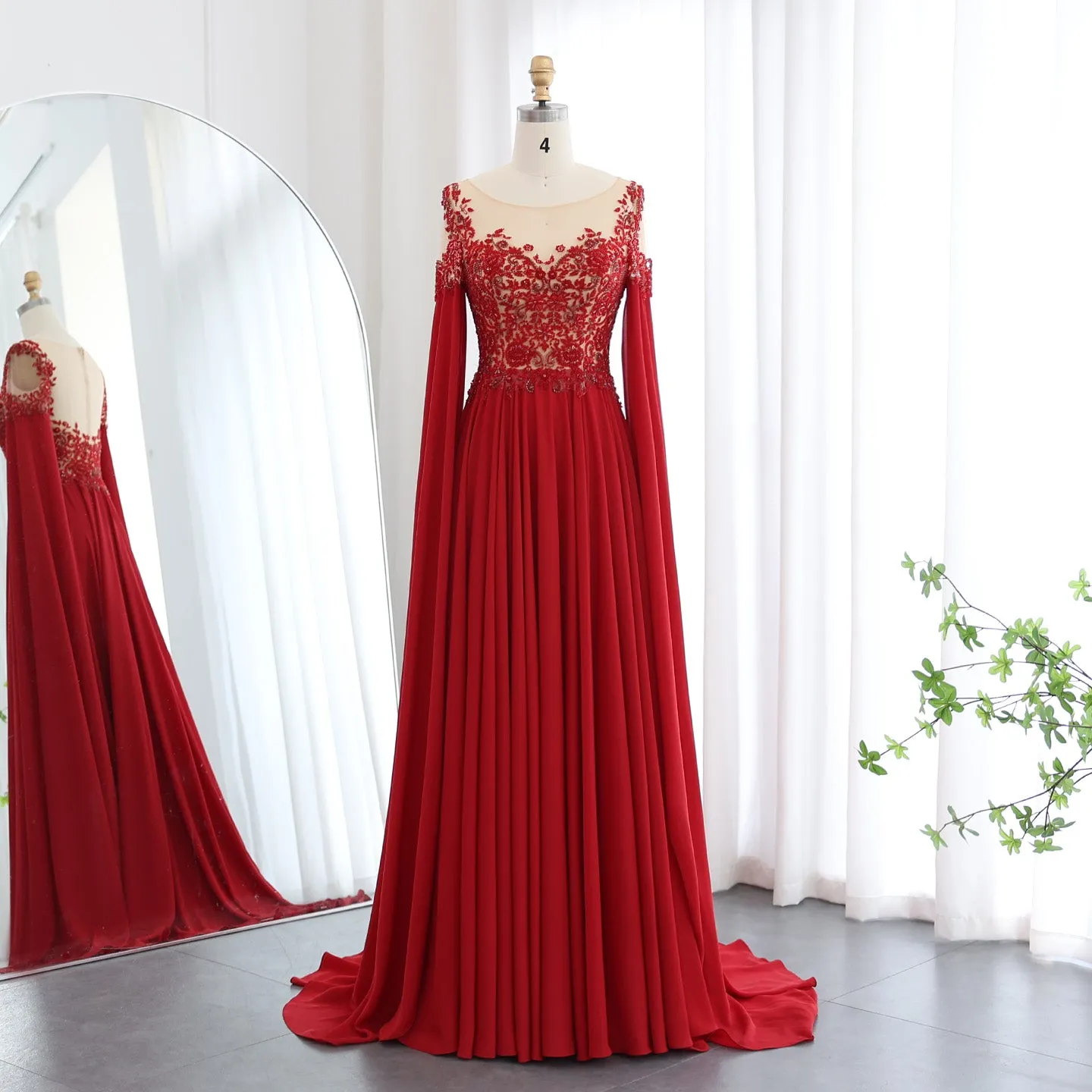 Luxury Beaded Red Chiffon Evening Dress with Cape Sleeve SS298