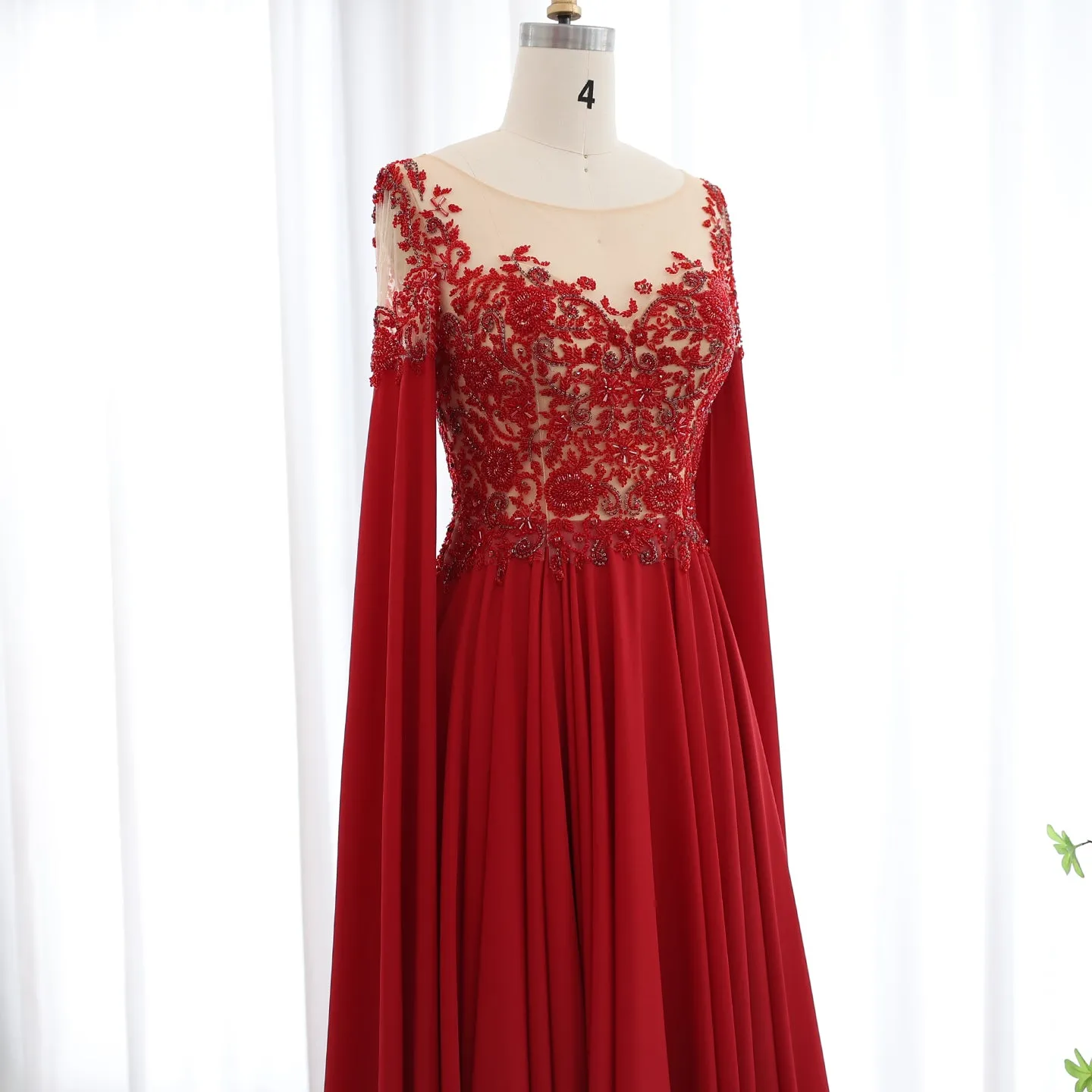 Luxury Beaded Red Chiffon Evening Dress with Cape Sleeve SS298