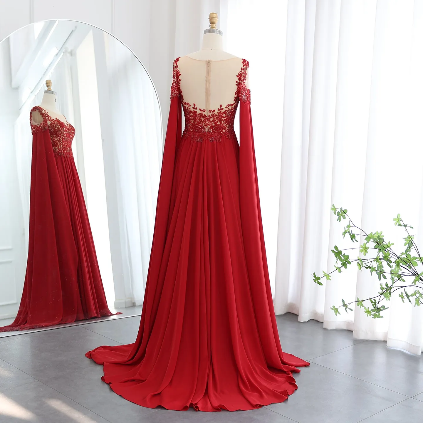 Luxury Beaded Red Chiffon Evening Dress with Cape Sleeve SS298