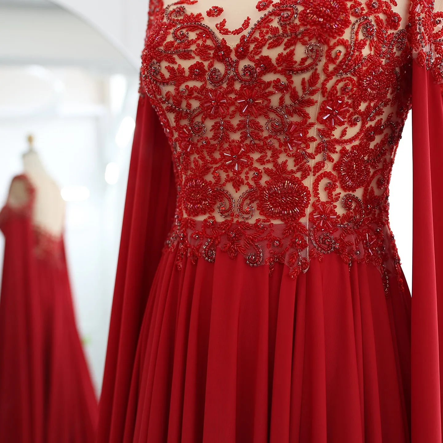 Luxury Beaded Red Chiffon Evening Dress with Cape Sleeve SS298
