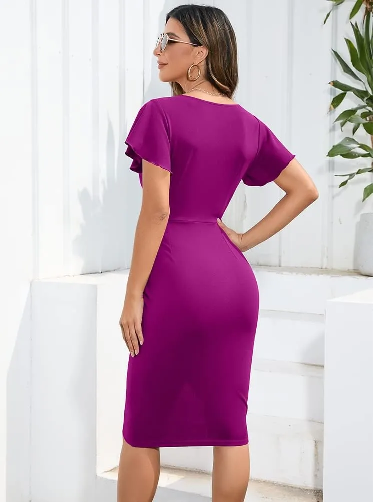 Machico 2025 Women's Sexy V Neck Ruffle Sleeve Faux Wrap Ruched Bodycon Sheath Cocktail Party Work Dress