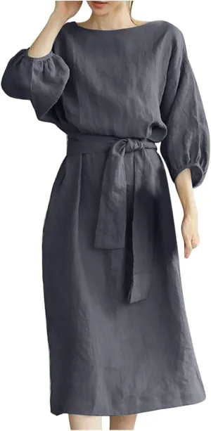 maisdgop Summer Dresses for Women 2025 Sexy Short Sleeve Knee Length Maxi Dress Plus Size Crewneck Cotton Linen Sundress