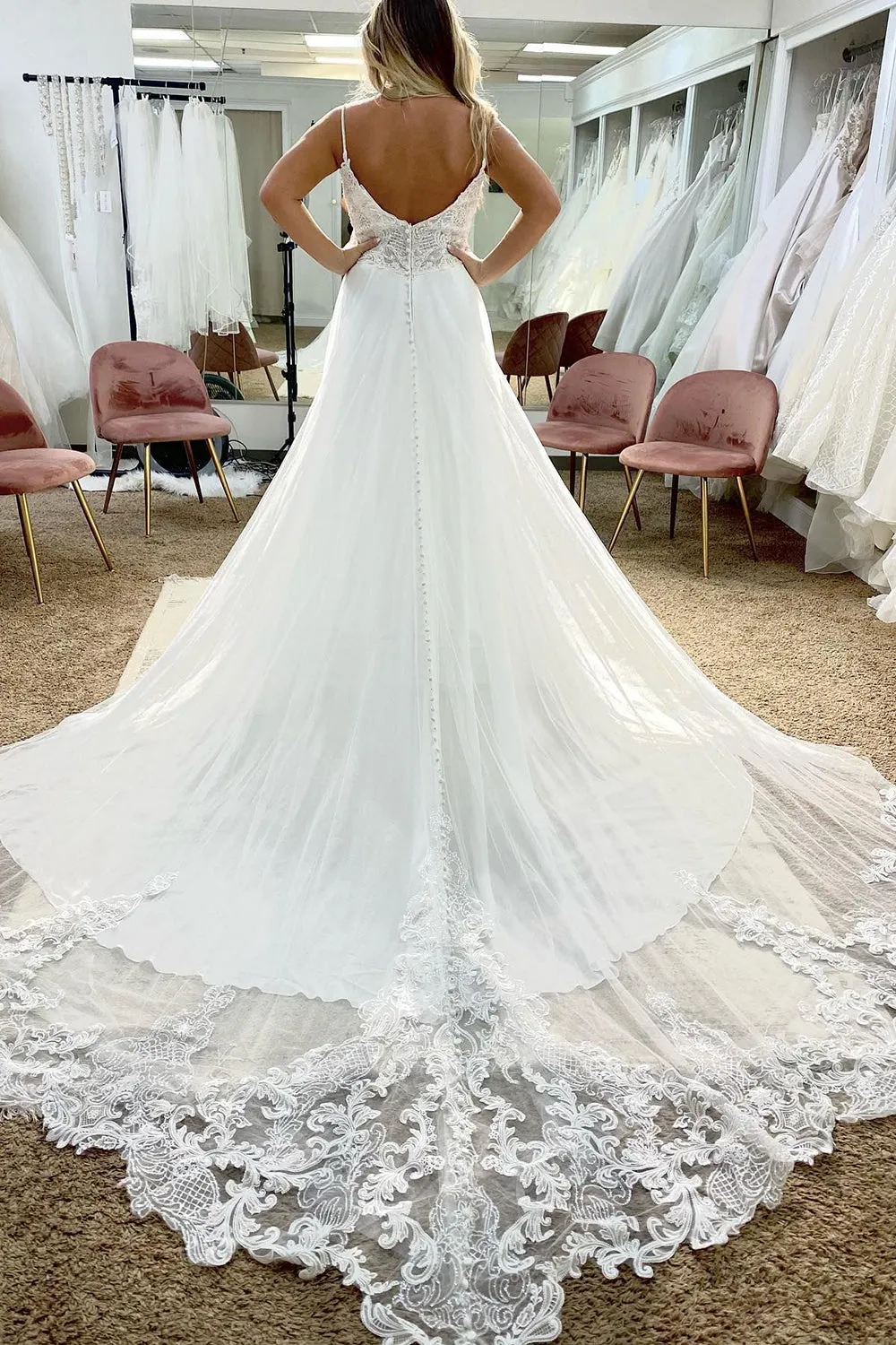 Marisol | Tulle Spaghetti Straps White Long Boho Wedding Dress with Lace Appliques