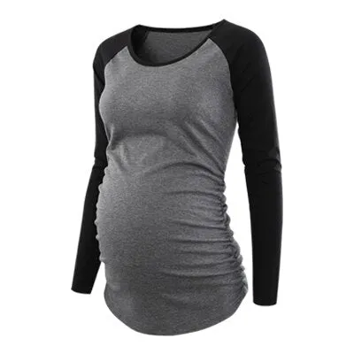 Maternity Baseball Crew Neck Tops Flattering Side Ruching Pregnancy T-Shirt Maternity Clothes Summer Tunic  Tops Women Tees