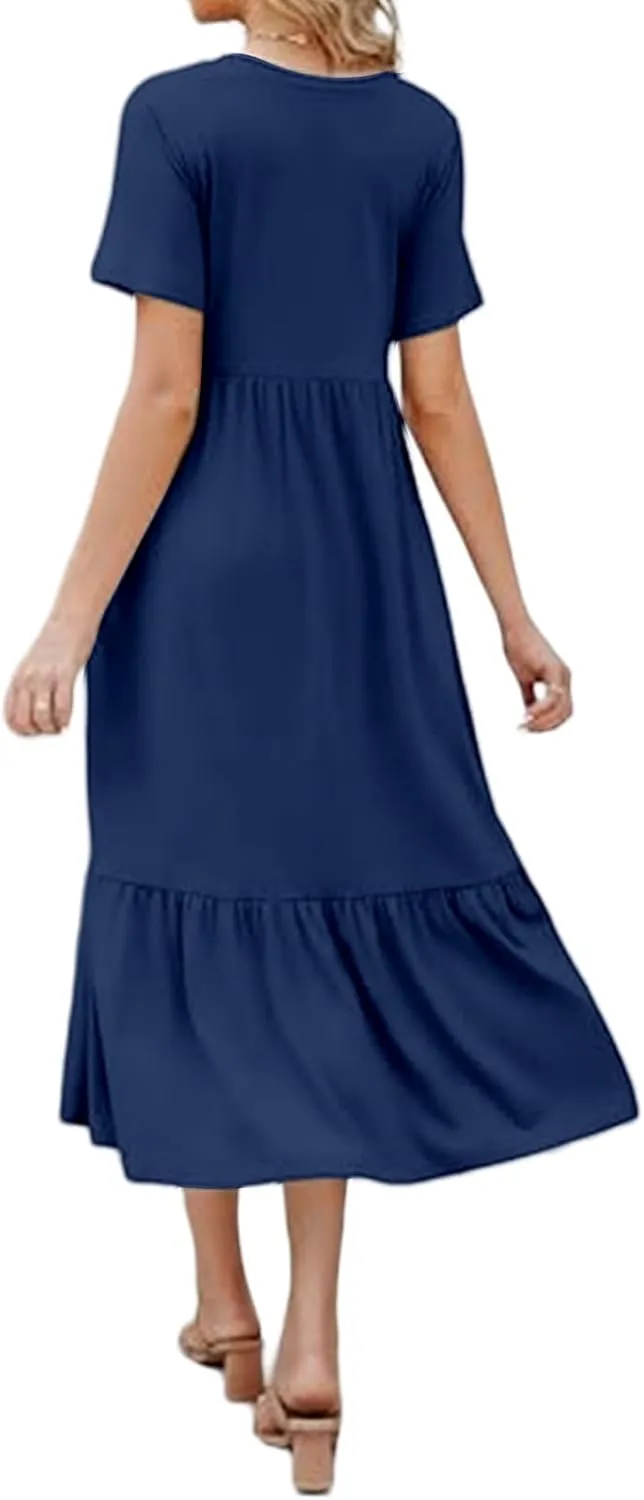 Maxi Dress for Women Summer V Neck Short Sleeve Dresses Casual Loose High Waisted Solid Pleated Hem Beach Sundress