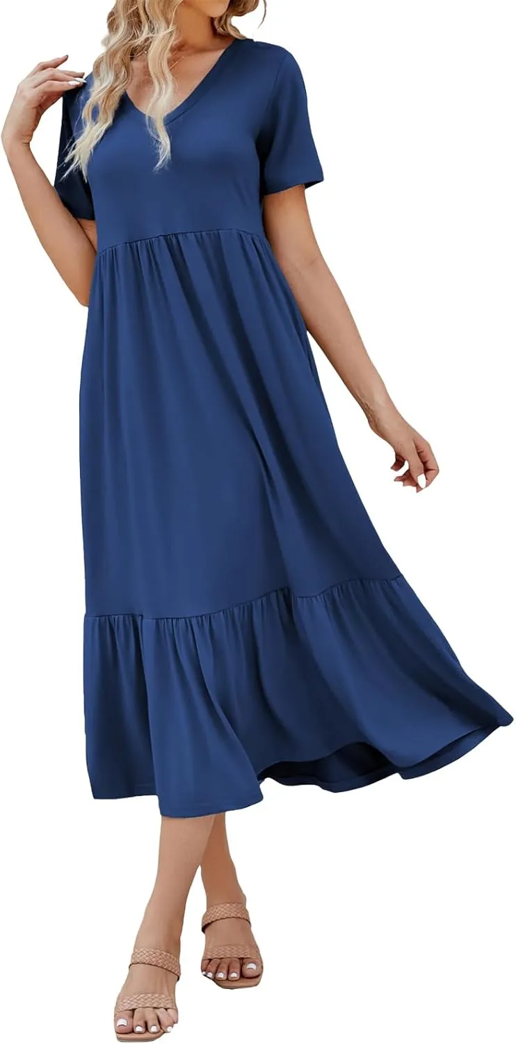 Maxi Dress for Women Summer V Neck Short Sleeve Dresses Casual Loose High Waisted Solid Pleated Hem Beach Sundress