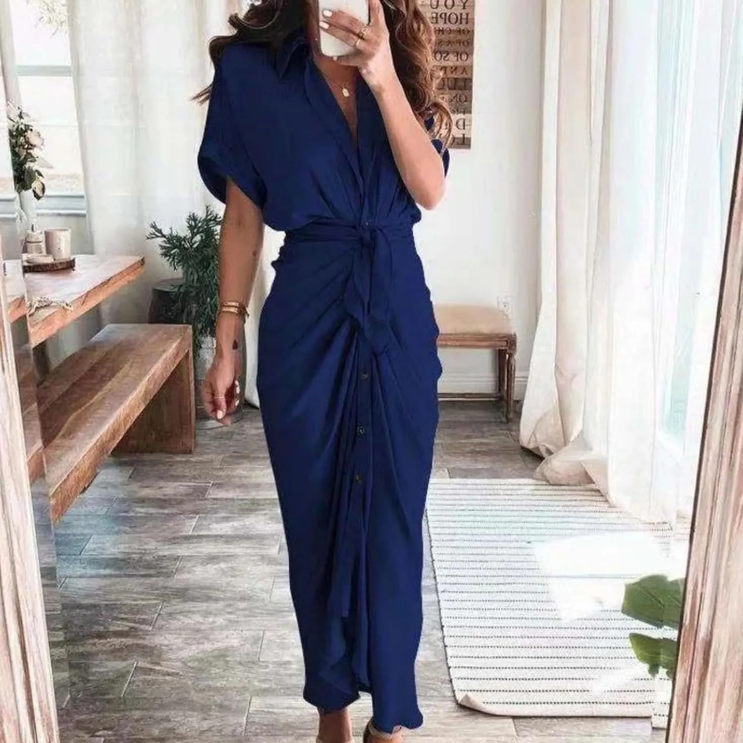 Maxi Dress for Women Trendy Button Down Ruched Shirt Dresses Summer Short Sleeve Lapel V Neck Satin Dress with Belt