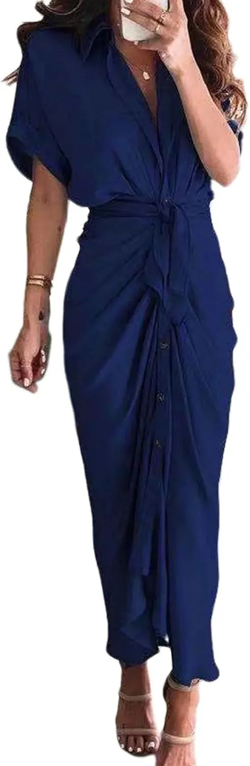 Maxi Dress for Women Trendy Button Down Ruched Shirt Dresses Summer Short Sleeve Lapel V Neck Satin Dress with Belt