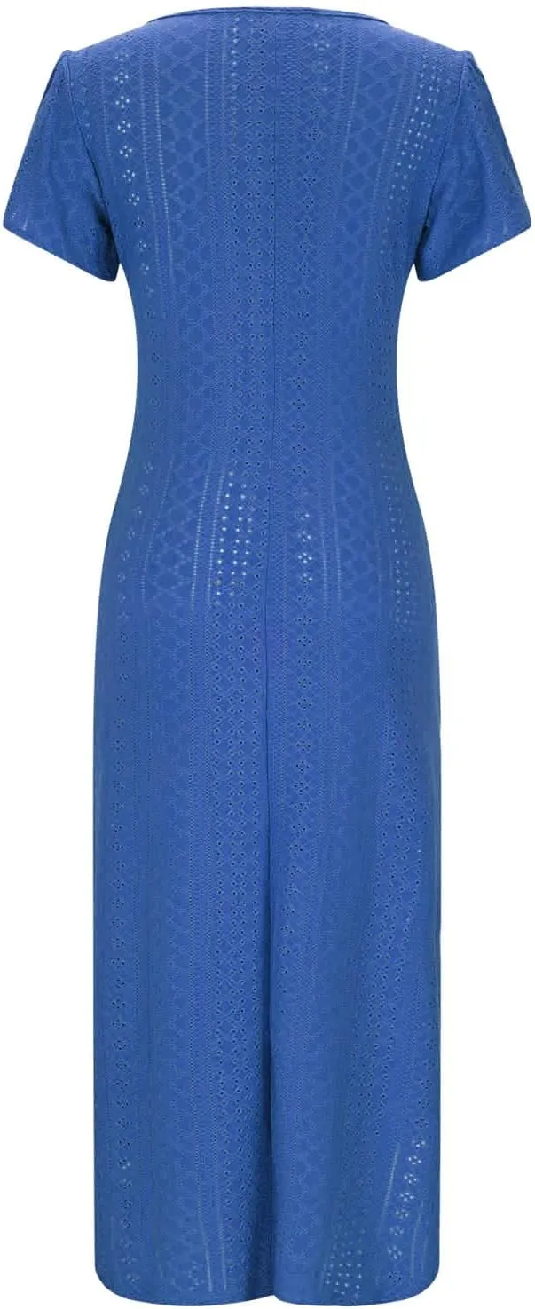 Maxi Dresses for Women 2025 Eyelet Casual Short Sleeve V-Neck Sundress Flowy Empire Waist Fashion Summer Dress