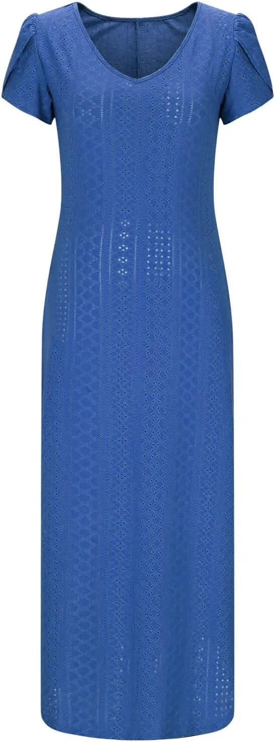 Maxi Dresses for Women 2025 Eyelet Casual Short Sleeve V-Neck Sundress Flowy Empire Waist Fashion Summer Dress