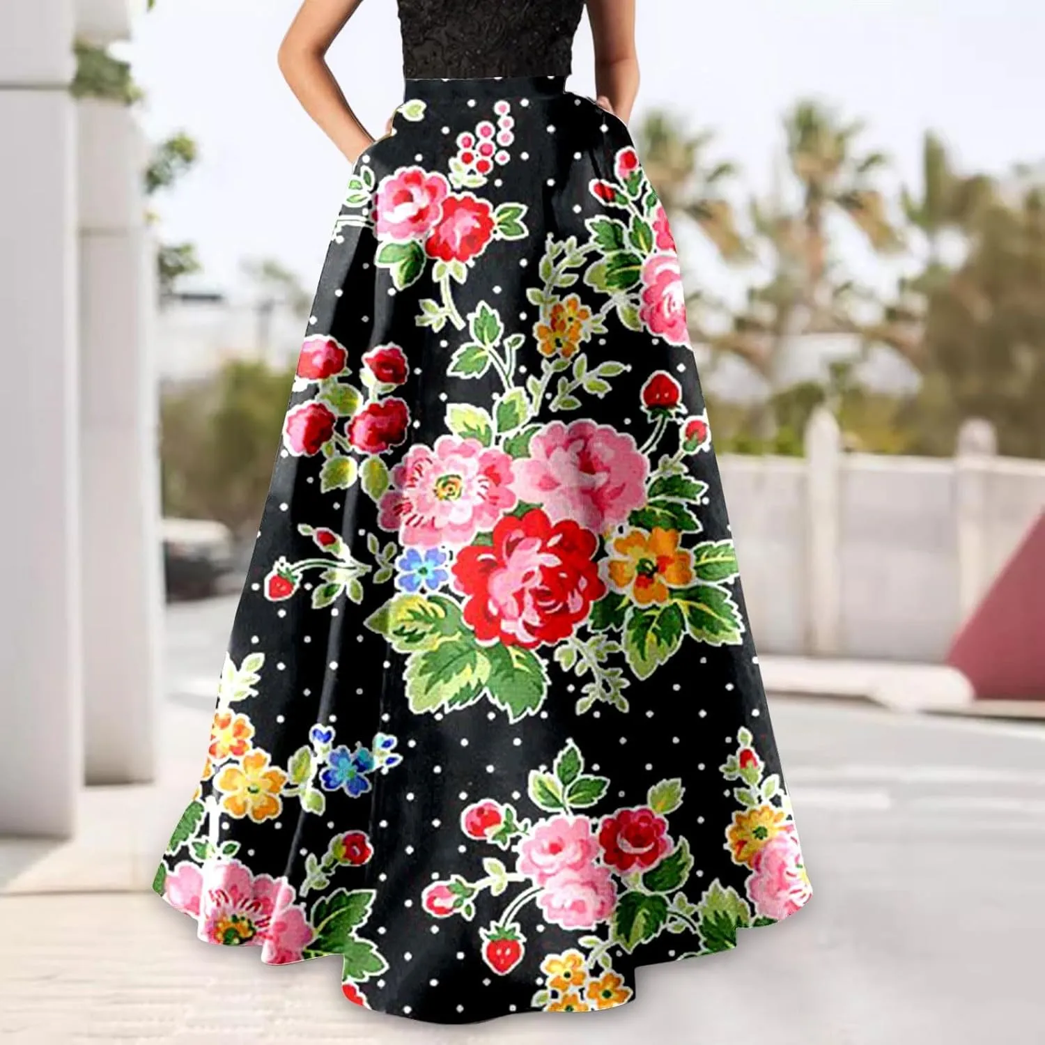 Maxi Skirt for Women Floral Print High Waist Boho Skirts 2025 Summer Beach Long Skirt Robe Loose Dress with Pockets