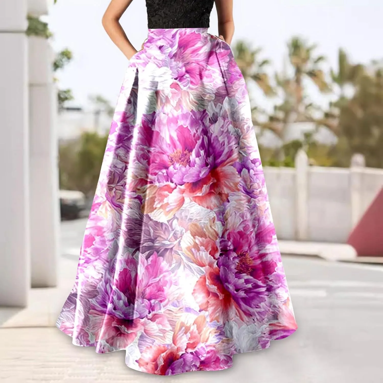 Maxi Skirt for Women Floral Print High Waist Boho Skirts 2025 Summer Beach Long Skirt Robe Loose Dress with Pockets
