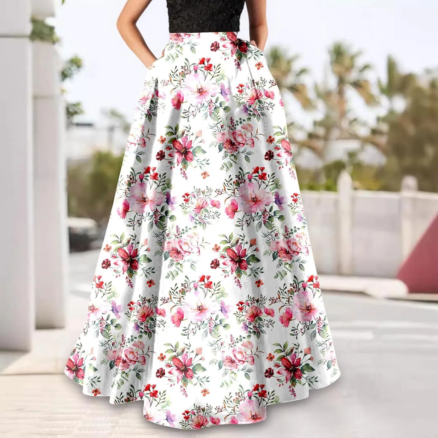 Maxi Skirt for Women Floral Print High Waist Boho Skirts 2025 Summer Beach Long Skirt Robe Loose Dress with Pockets