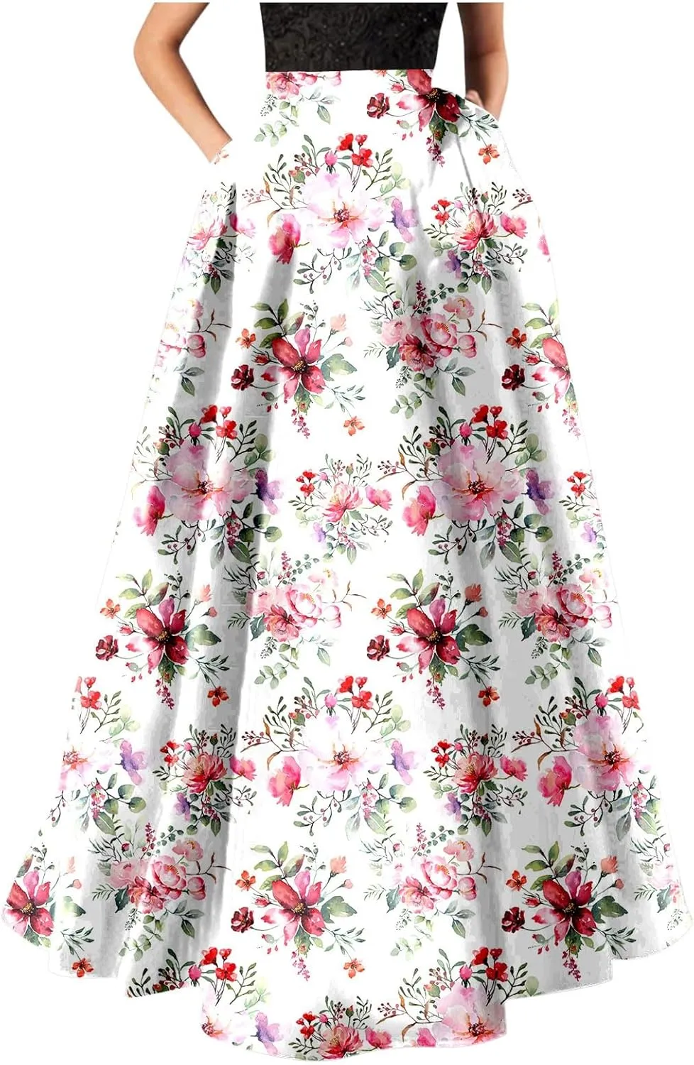 Maxi Skirt for Women Floral Print High Waist Boho Skirts 2025 Summer Beach Long Skirt Robe Loose Dress with Pockets