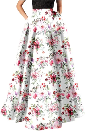 Maxi Skirt for Women Floral Print High Waist Boho Skirts 2025 Summer Beach Long Skirt Robe Loose Dress with Pockets