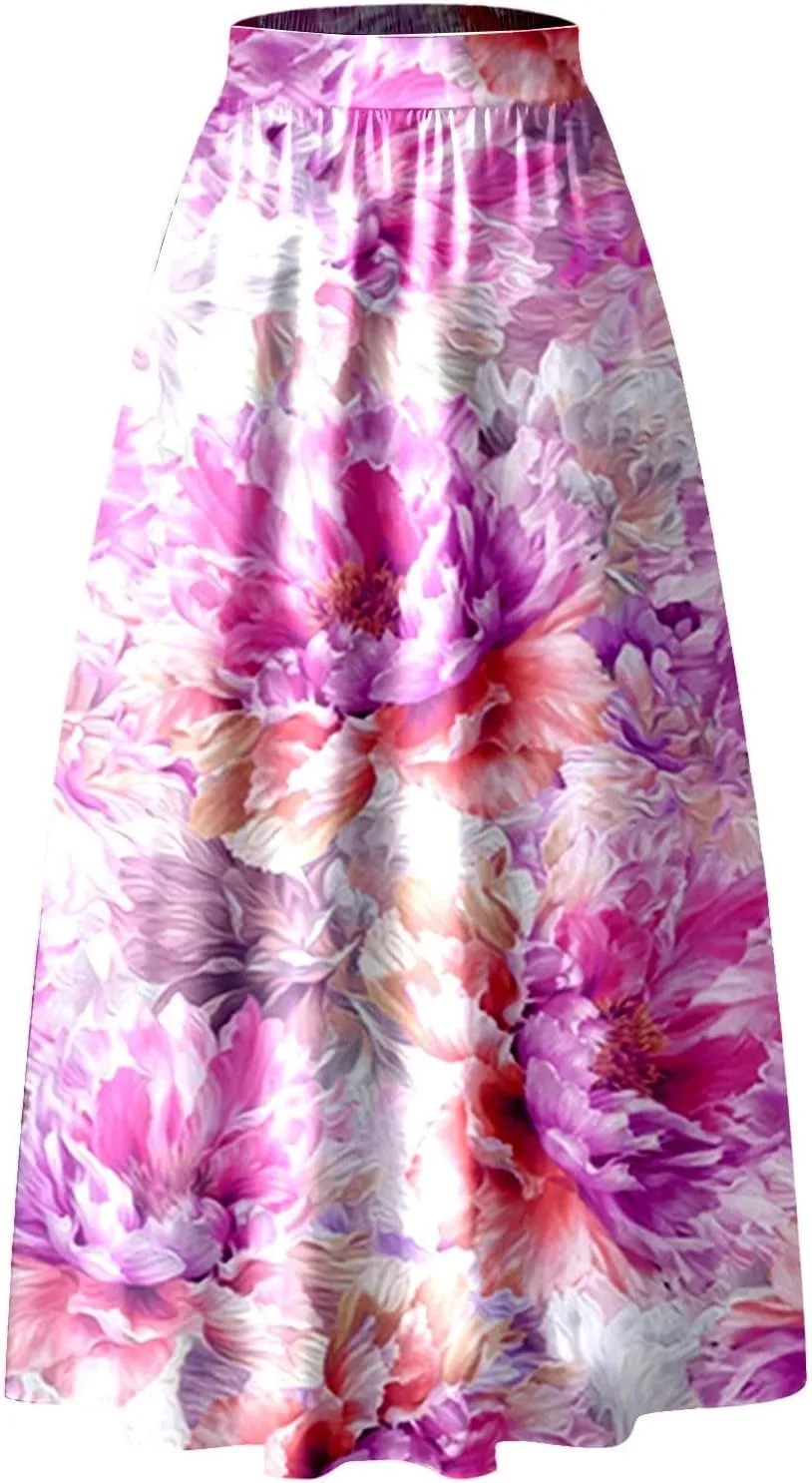 Maxi Skirt for Women Floral Print High Waist Boho Skirts 2025 Summer Beach Long Skirt Robe Loose Dress with Pockets