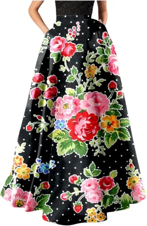 Maxi Skirt for Women Floral Print High Waist Boho Skirts 2025 Summer Beach Long Skirt Robe Loose Dress with Pockets