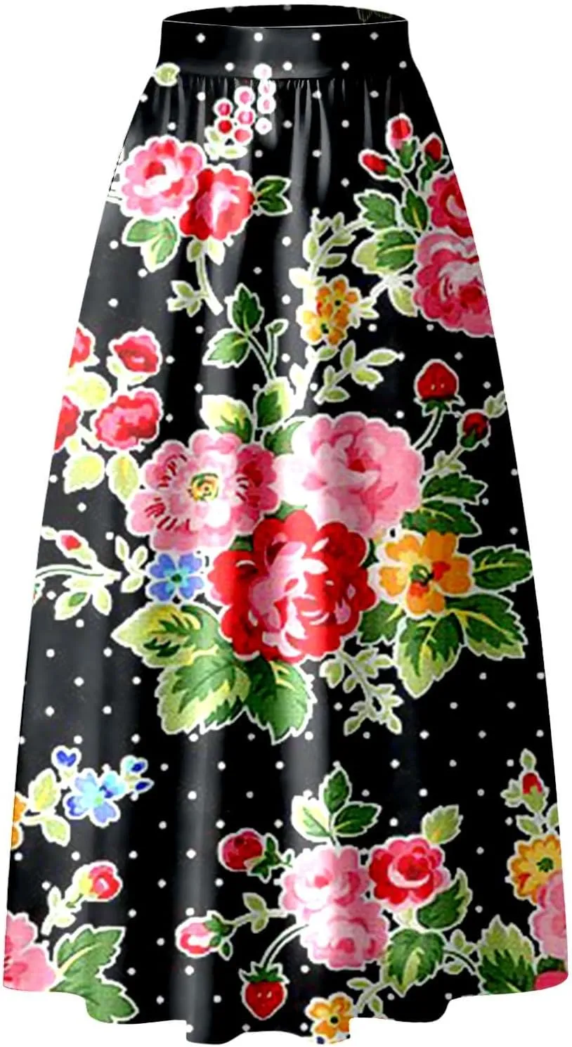 Maxi Skirt for Women Floral Print High Waist Boho Skirts 2025 Summer Beach Long Skirt Robe Loose Dress with Pockets