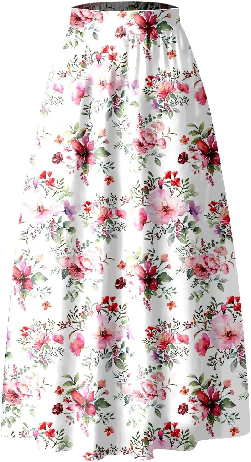 Maxi Skirt for Women Floral Print High Waist Boho Skirts 2025 Summer Beach Long Skirt Robe Loose Dress with Pockets