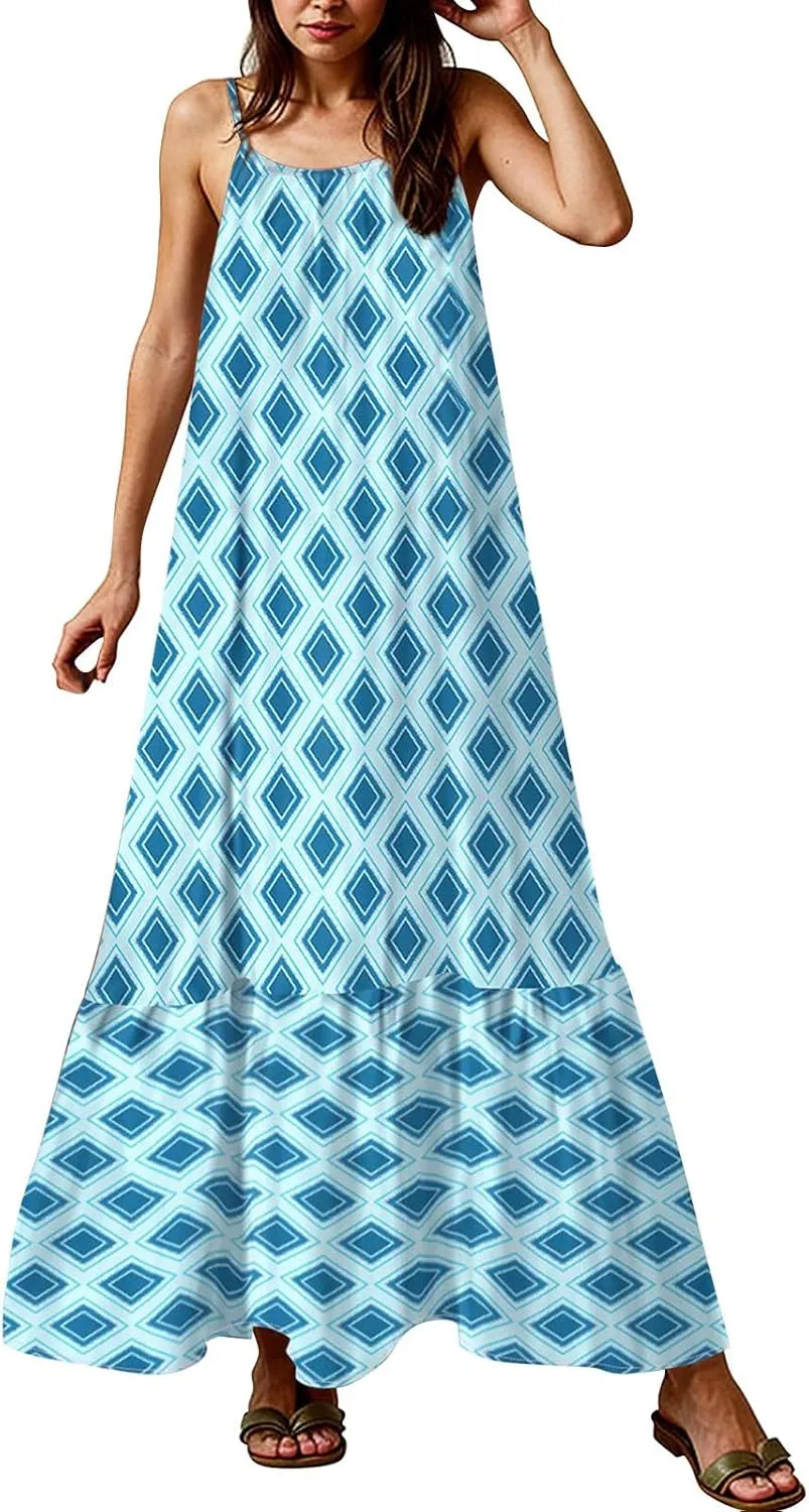 Maxi Sundresses for Women 2025 Boho Spaghetti Strap Crew Neck Beach Sundress Casual Summer Flowy Hawaiian Dresses