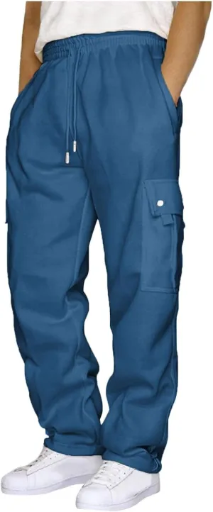 Men Cargo Pants Baggy Stretch Drawstring Elastic Waist Jogger Sweatpant Regular Wide Leg Sport Trousers with Pockets