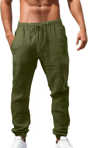 Mens Beach Linen Pants Casual Loose Fit Cotton Linen Pants Elastic Waist Straight Legs Summer Linen Pants with Pocket