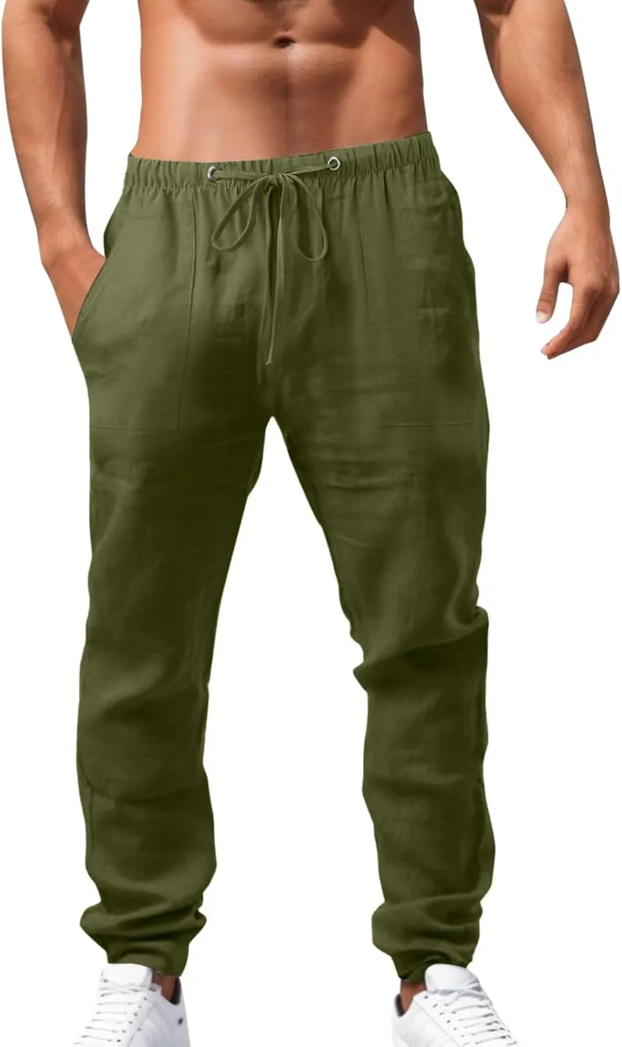 Mens Beach Linen Pants Casual Loose Fit Cotton Linen Pants Elastic Waist Straight Legs Summer Linen Pants with Pocket