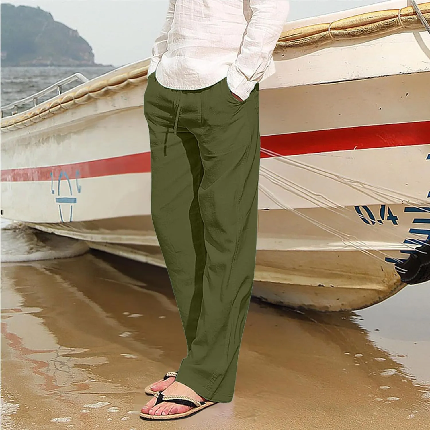 Mens Beach Linen Pants Casual Loose Fit Cotton Linen Pants Elastic Waist Straight Legs Summer Linen Pants with Pocket