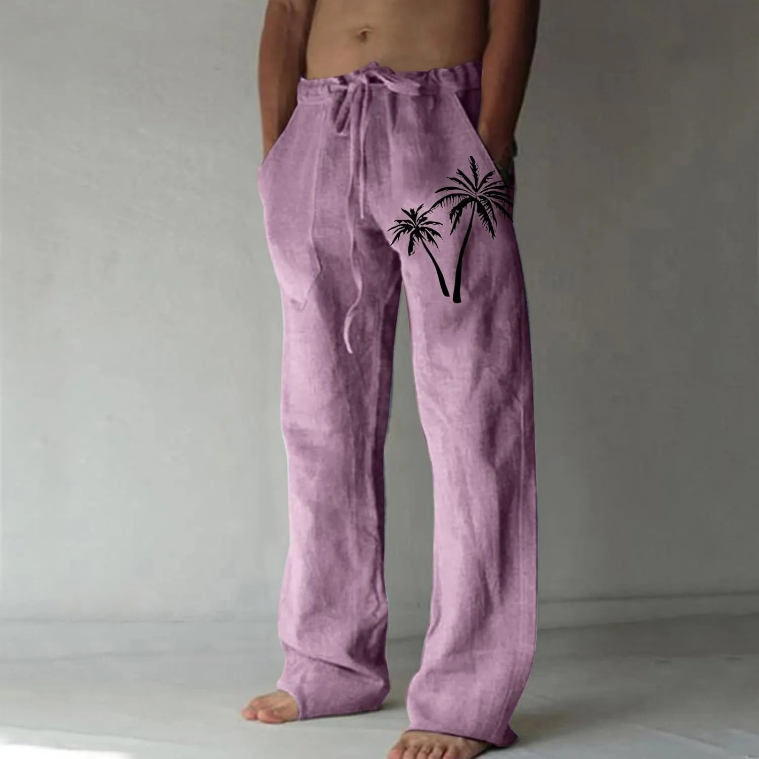 Mens Beach Linen Pants Coconut Tree Print Casual Loose Hawaiian Pants Baggy Lightweight Summer Trousers with Pockets