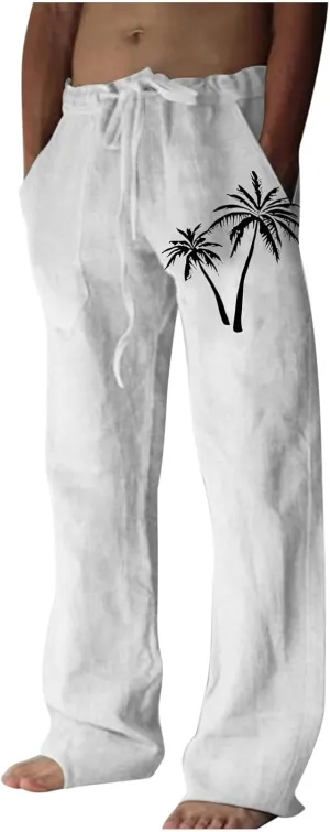 Mens Beach Linen Pants Coconut Tree Print Casual Loose Hawaiian Pants Baggy Lightweight Summer Trousers with Pockets