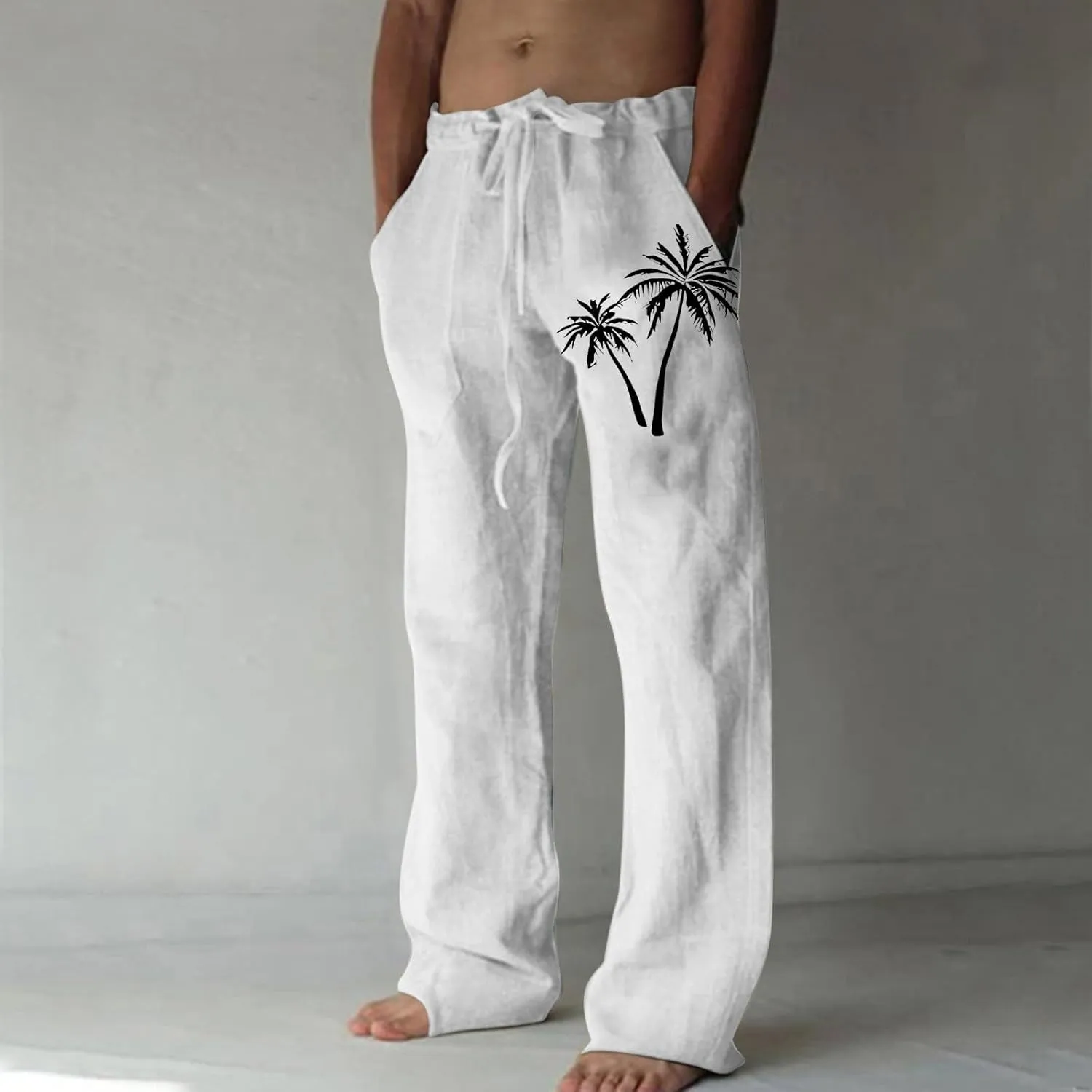 Mens Beach Linen Pants Coconut Tree Print Casual Loose Hawaiian Pants Baggy Lightweight Summer Trousers with Pockets