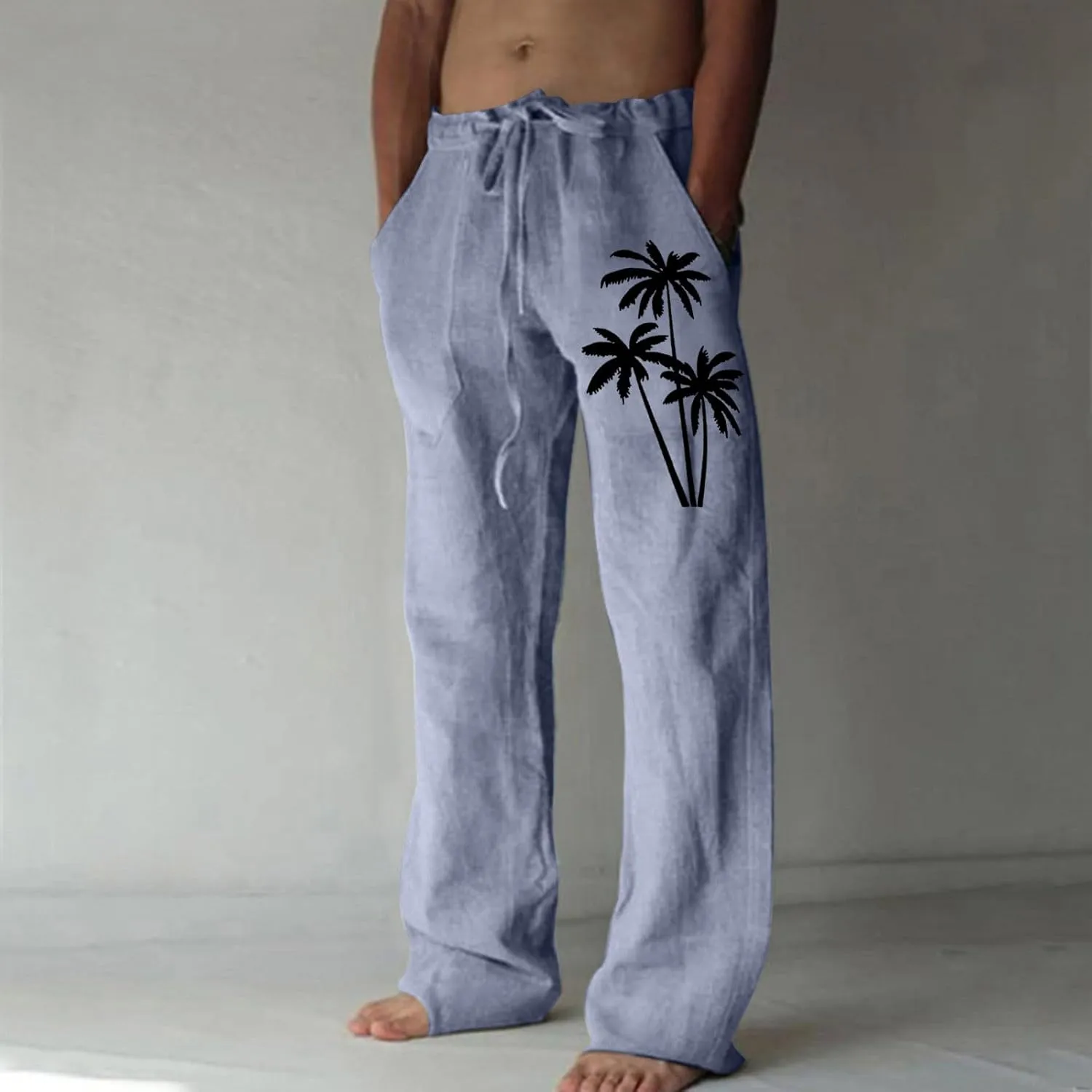 Mens Beach Linen Pants Coconut Tree Print Casual Loose Hawaiian Pants Baggy Lightweight Summer Trousers with Pockets
