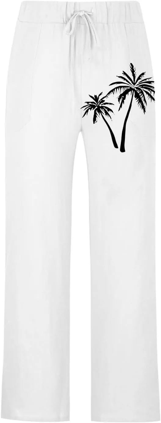 Mens Beach Linen Pants Coconut Tree Print Casual Loose Hawaiian Pants Baggy Lightweight Summer Trousers with Pockets