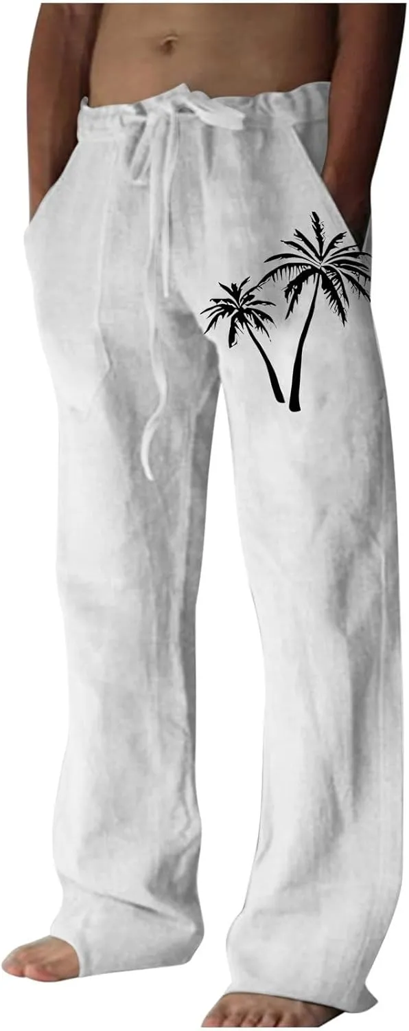 Mens Beach Linen Pants Coconut Tree Print Casual Loose Hawaiian Pants Baggy Lightweight Summer Trousers with Pockets