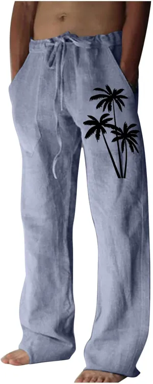 Mens Beach Linen Pants Coconut Tree Print Casual Loose Hawaiian Pants Baggy Lightweight Summer Trousers with Pockets