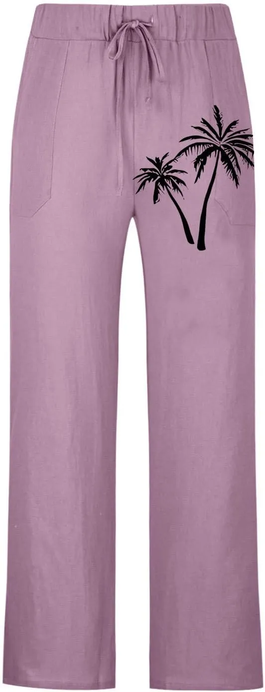 Mens Beach Linen Pants Coconut Tree Print Casual Loose Hawaiian Pants Baggy Lightweight Summer Trousers with Pockets