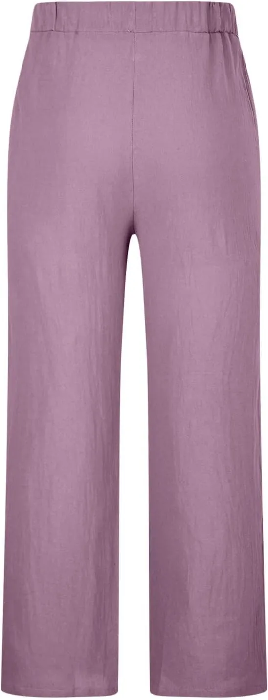 Mens Beach Linen Pants Coconut Tree Print Casual Loose Hawaiian Pants Baggy Lightweight Summer Trousers with Pockets
