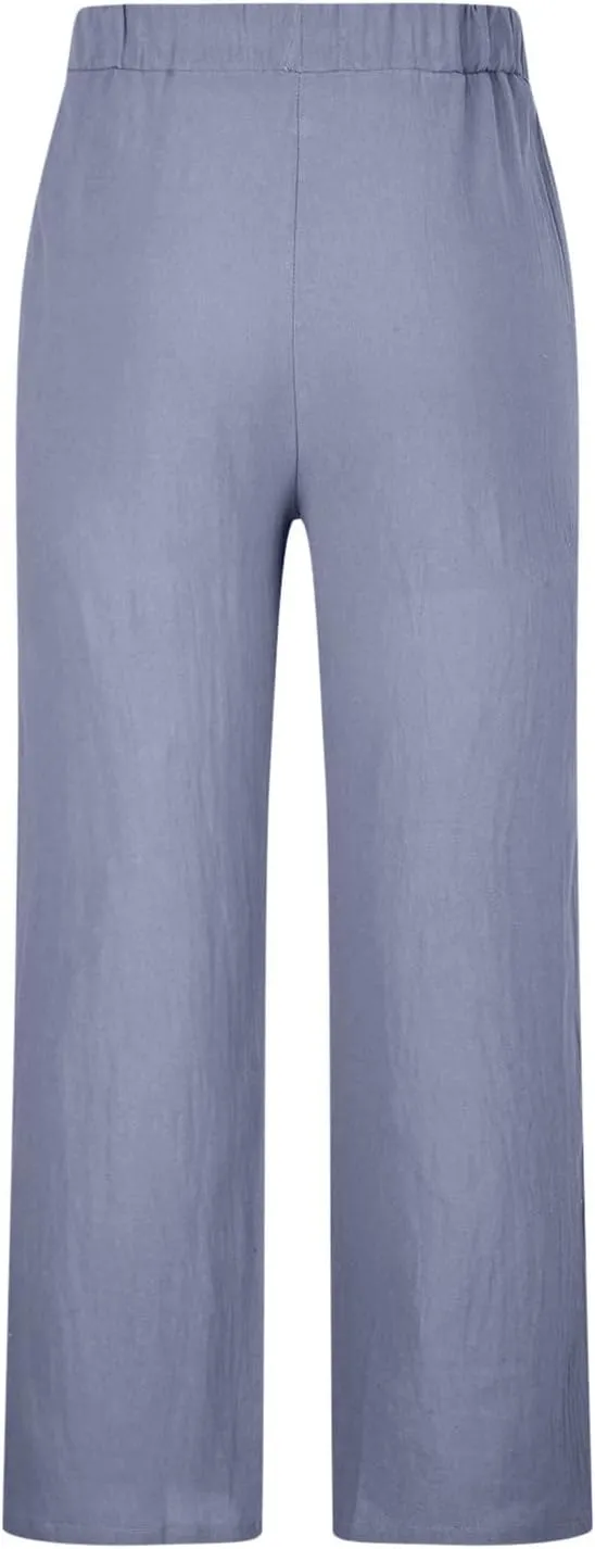 Mens Beach Linen Pants Coconut Tree Print Casual Loose Hawaiian Pants Baggy Lightweight Summer Trousers with Pockets