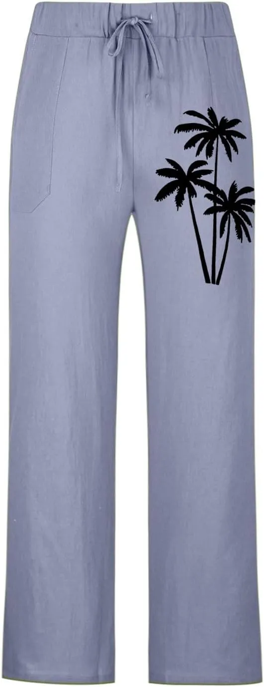 Mens Beach Linen Pants Coconut Tree Print Casual Loose Hawaiian Pants Baggy Lightweight Summer Trousers with Pockets